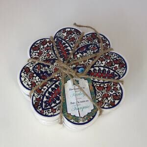 NEW Hand Painted Turkish Boho Ceramic Coaster Set Of 4 Made in‎ Turkey